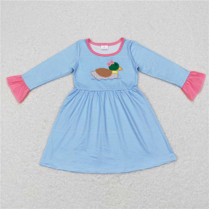 12.8 RTS NO MOQ (In stock)Matching GLD0426 Baby Girls Duck Blue Stripes Long Sleeve Hunting Dresses