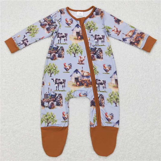 RTS LR0632 Farm tractor cow animal blue brown zipper long sleeve jumpsuit