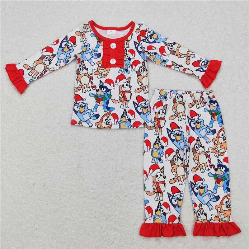 GLP0984 Cartoon Christmas hat bluey lace red and white long-sleeved trousers pajamas set