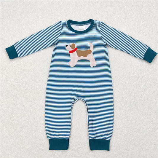 RTS LR0727 Embroidered plaid puppy blue and white striped long-sleeved jumpsuit