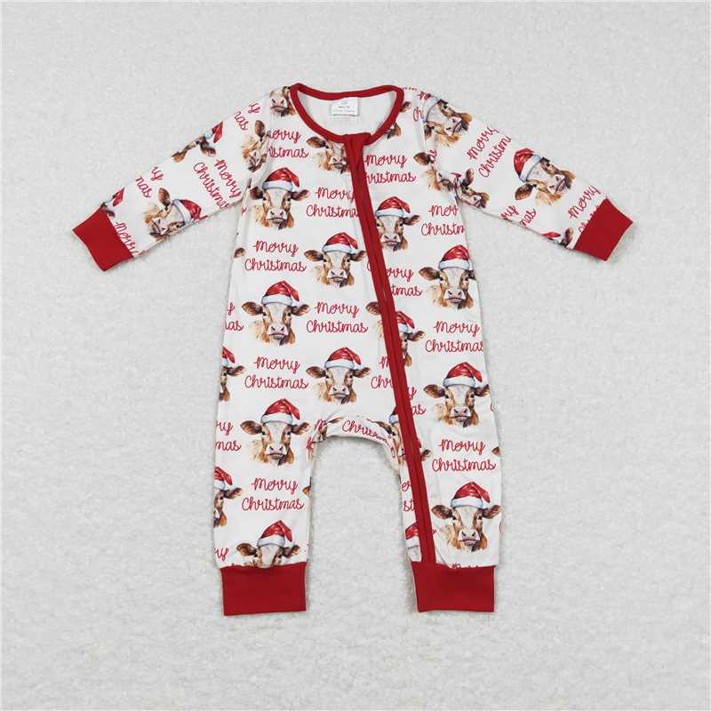 LR0739 Baby Infant Kids Merry Christmas Highland Cow Zip Rompers