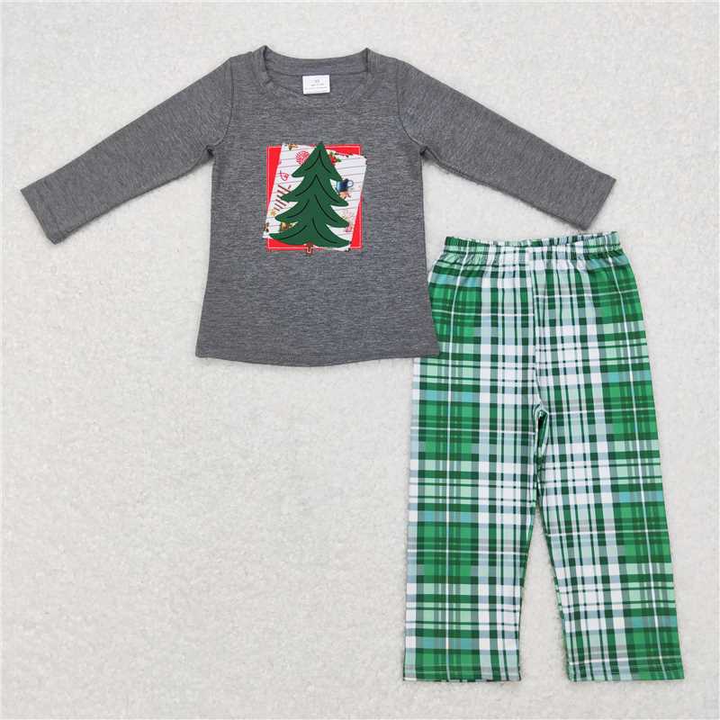 BLP0351Grey Christmas tree top plaid pants boy clothing set