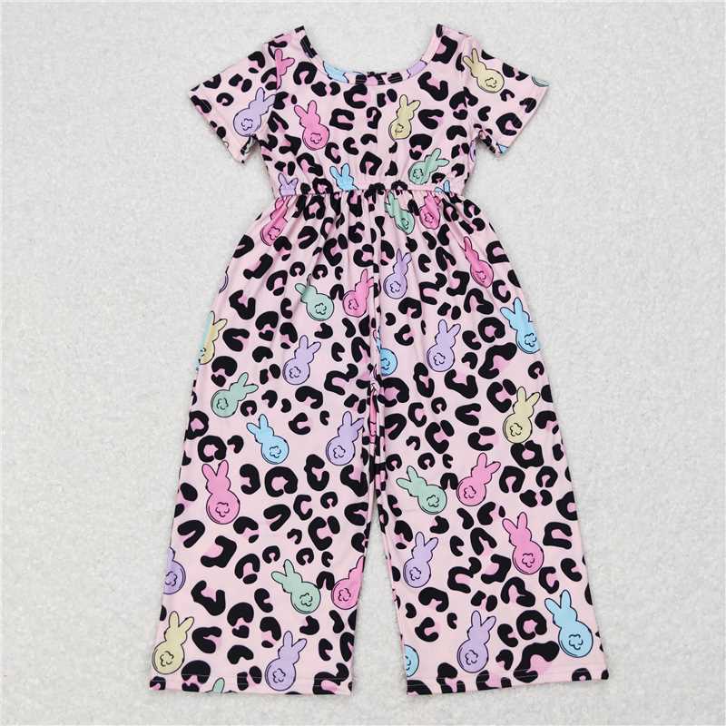 SR0481 Baby Girls Pink Easter Leopard Bunny Jumpsuits