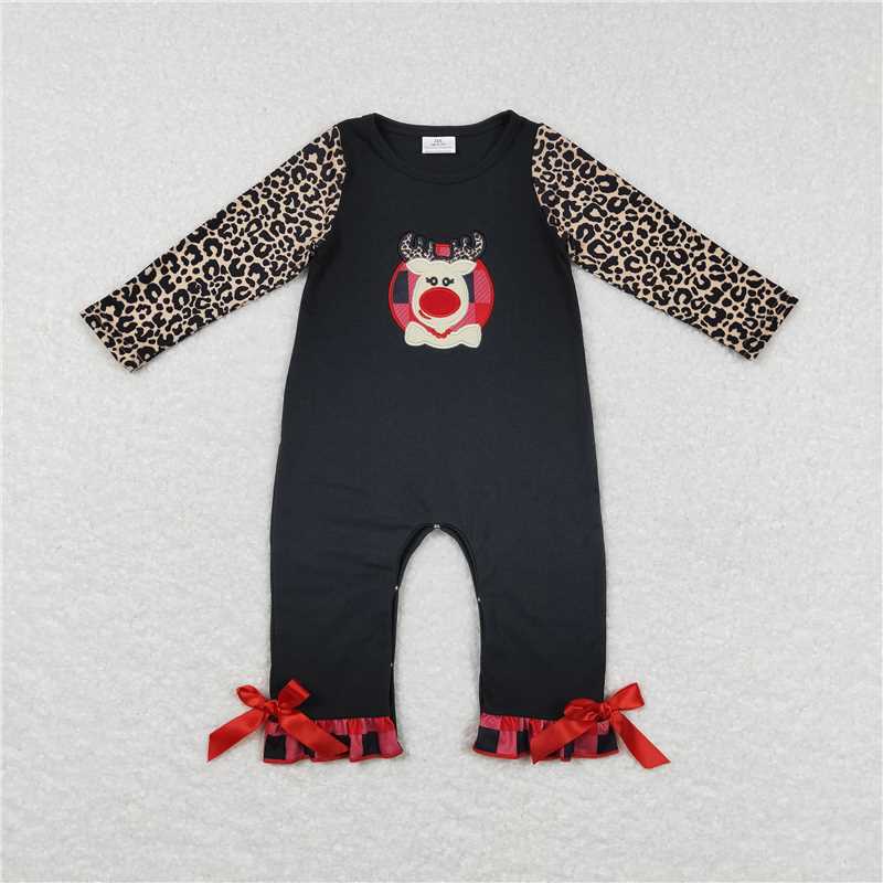 LR0730Buffalo deer leopard baby girls Christmas romper