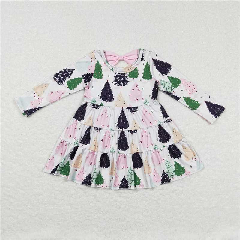 GLD0468Long sleeves pink Christmas tree baby girls dresses