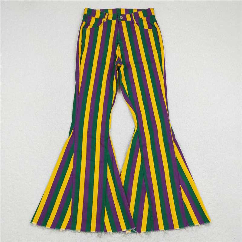 P0328 Adult Women Purple Gold Green Denim Bell Pants Jeans