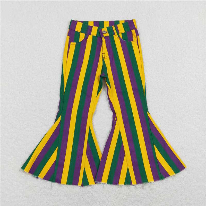 P0327 Baby Girls Mardi Gras Purple Green Gold Stripes Bell Denim Pants Jeans