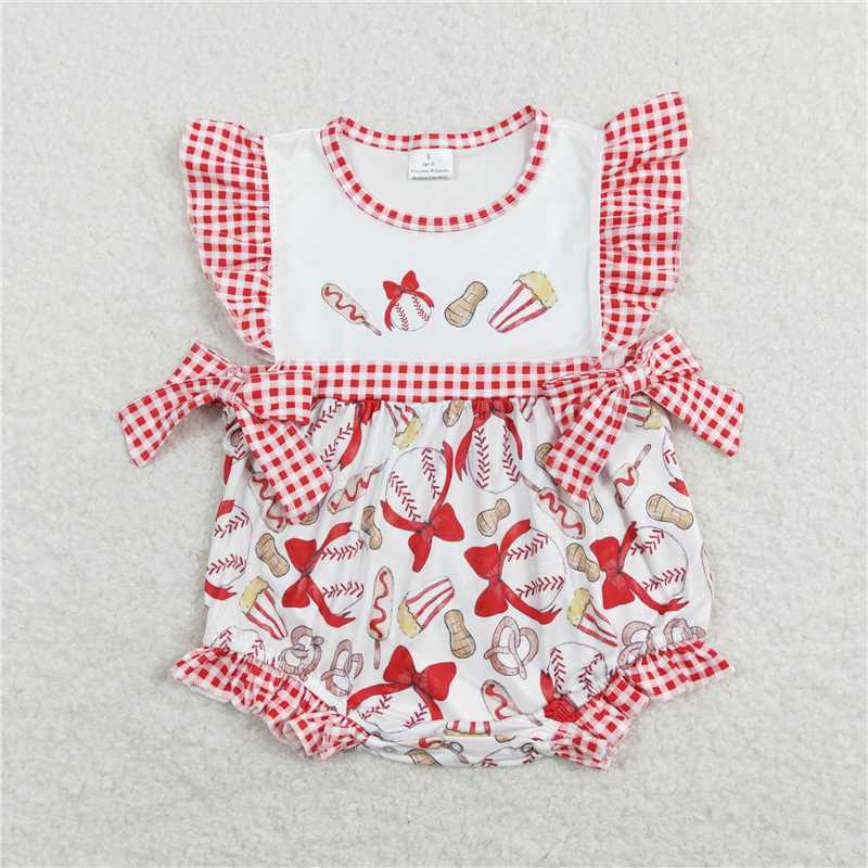 SR0848 Baby Girls Baseball Bows Sibling Sister Rompers Clothes Sets