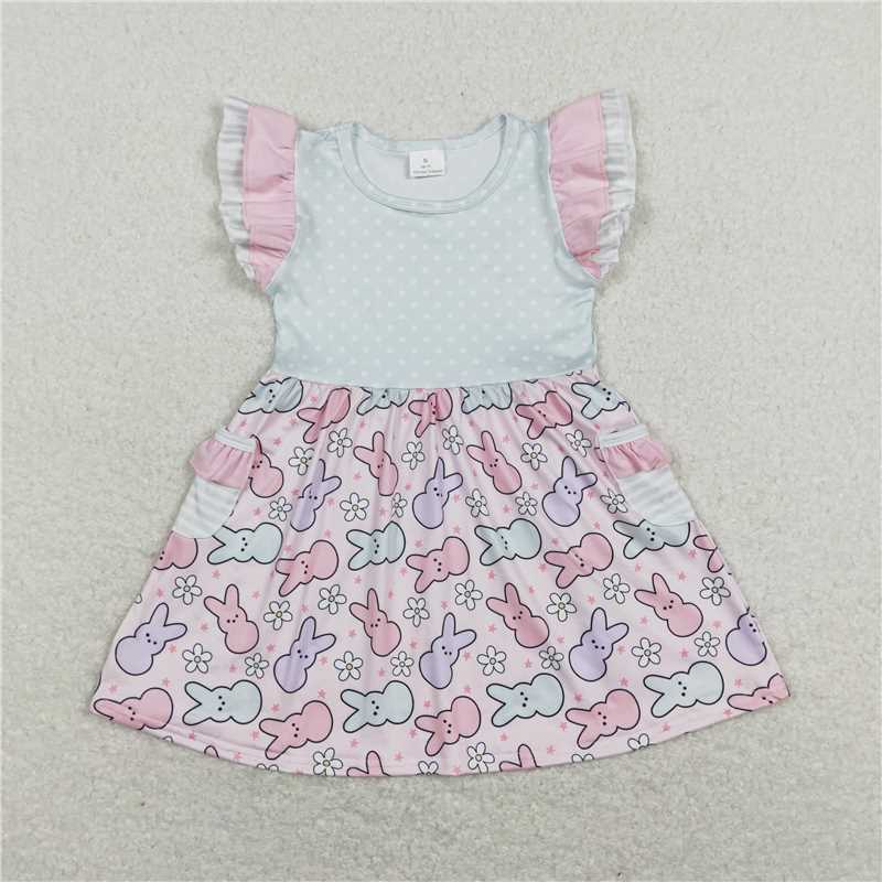 GSD0637 Flutter sleeves bunny pocket baby girls easter dresses