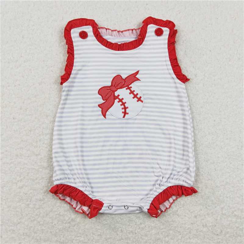 SR0782 Baby Infant Girls Baseball Bow Sleeveless Rompers