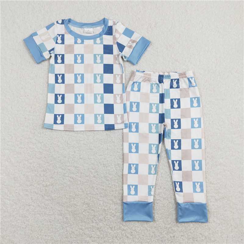 BSPO0318 Baby Boys Blue Checkered Rabbits Short Sleeve Tops Pants Pajamas Clothes Sets