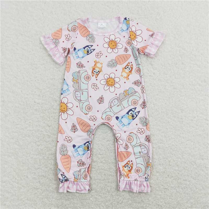 SR0881 Baby Children Infant Girls Flowers Easter Dog Carrots Short Sleeve Rompers
