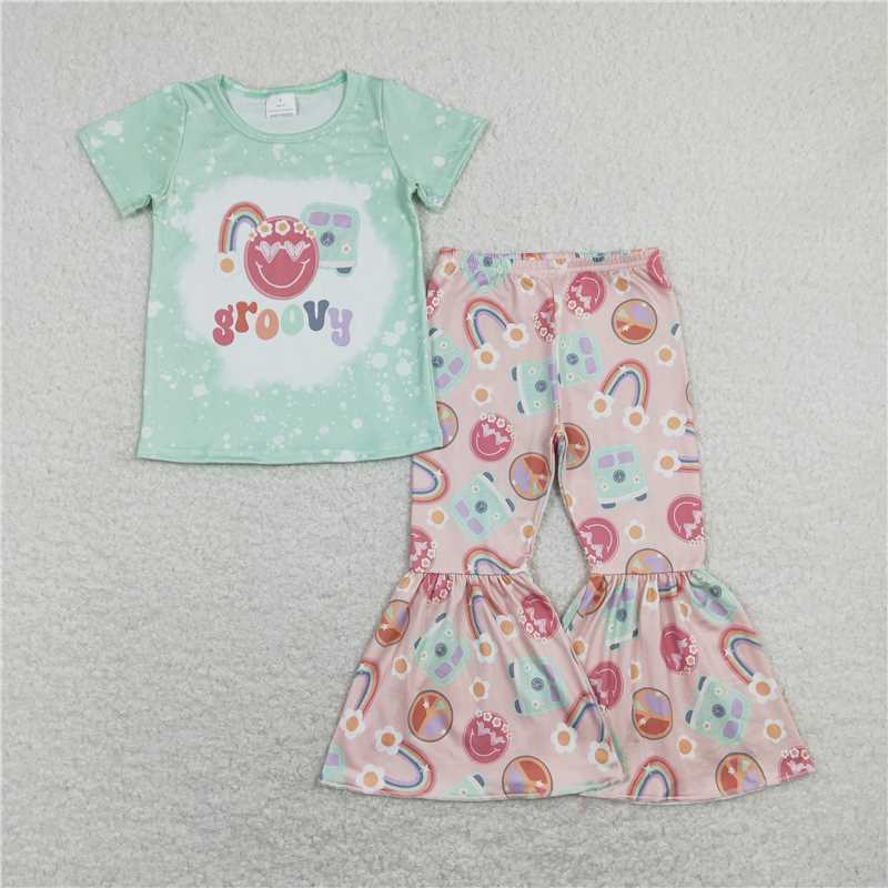 GSPO1254 Rainbow smiley face flower bus pink and green short-sleeved trousers suit