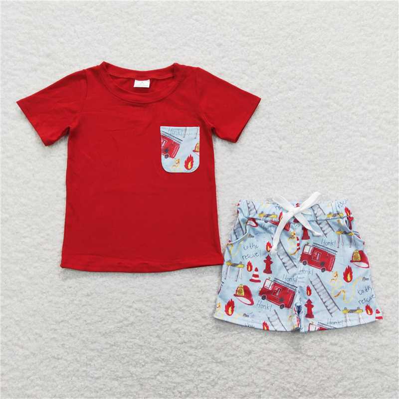 BSSO0557 Baby Boys Red Pocket Tee Shirts Fire Truck Shorts Clothes Sets Preorder