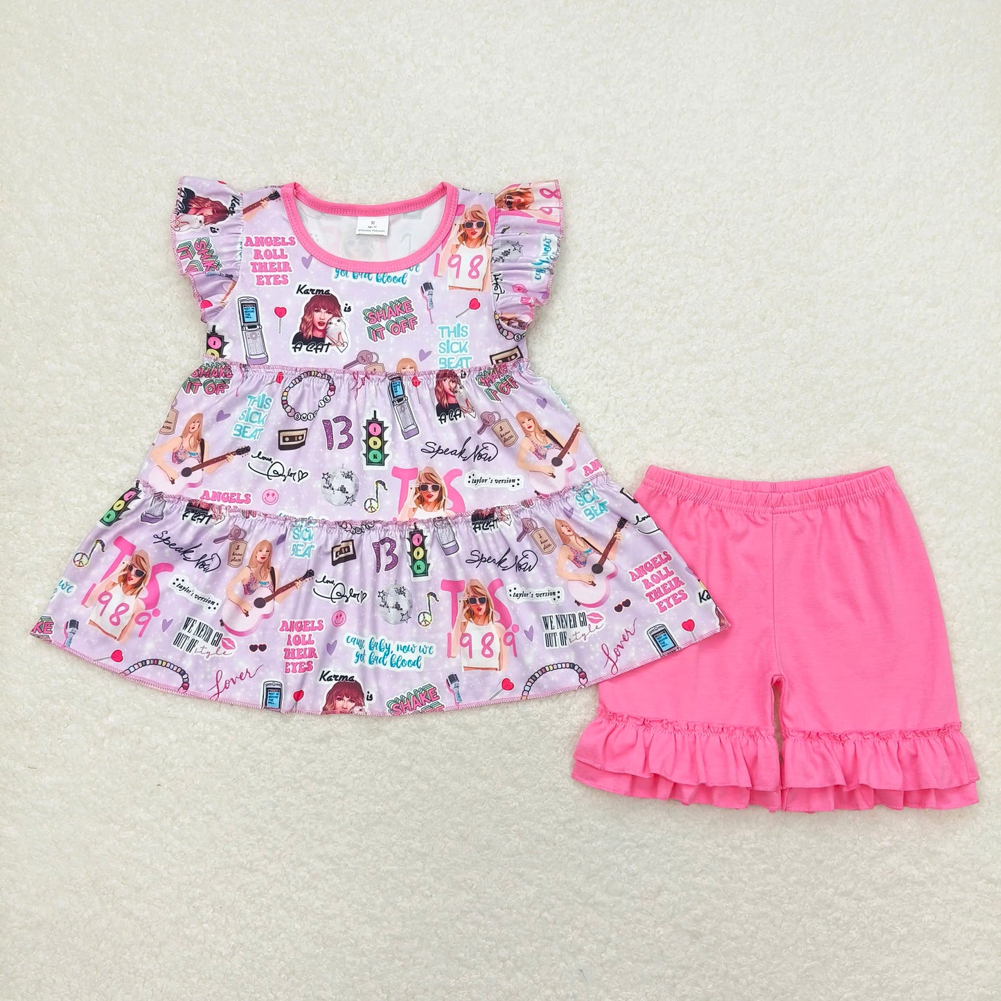 GSSO0676 Taylor Swift purple flying sleeves and rose pink shorts set