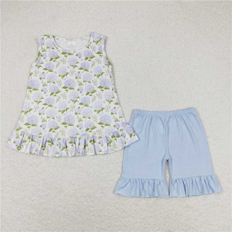 10.17 RTS NO MOQ (In stock)Matching GSSO1050 Baby Girls Blue Flowers Sleeveless Tunic Ruffle Shorts Clothes Sets