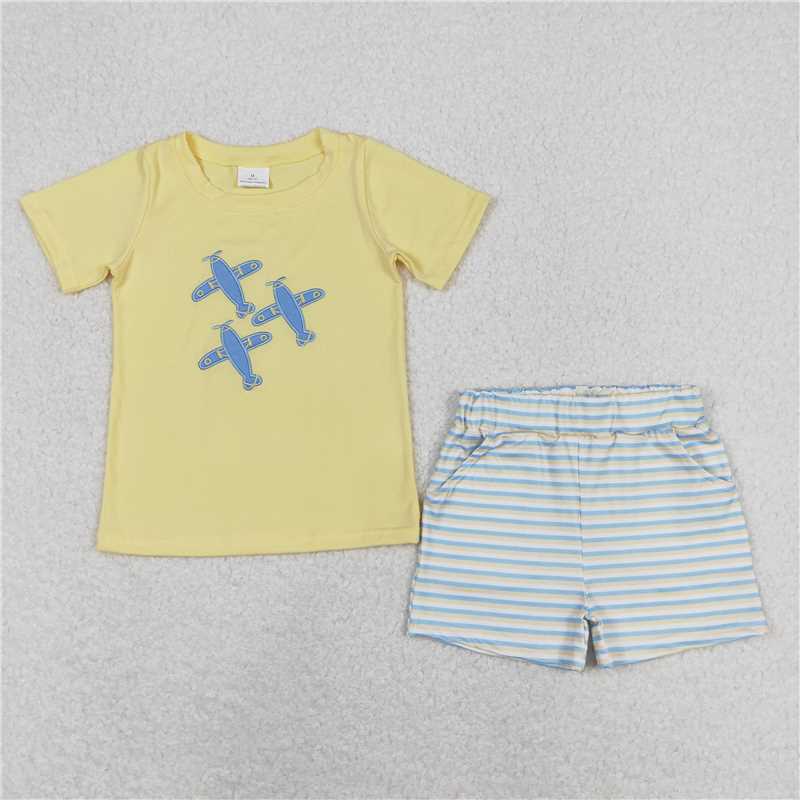BSSO0696 RTS NO MOQ Baby Boys Summer Boys Outfits Baby Boys Planes Short Sleeve Tee Shirts Stripes Shorts Clothes Sets