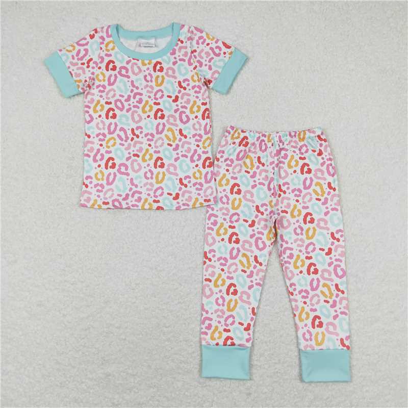 GSPO1386 Colorful leopard print short-sleeved long pants pajama set