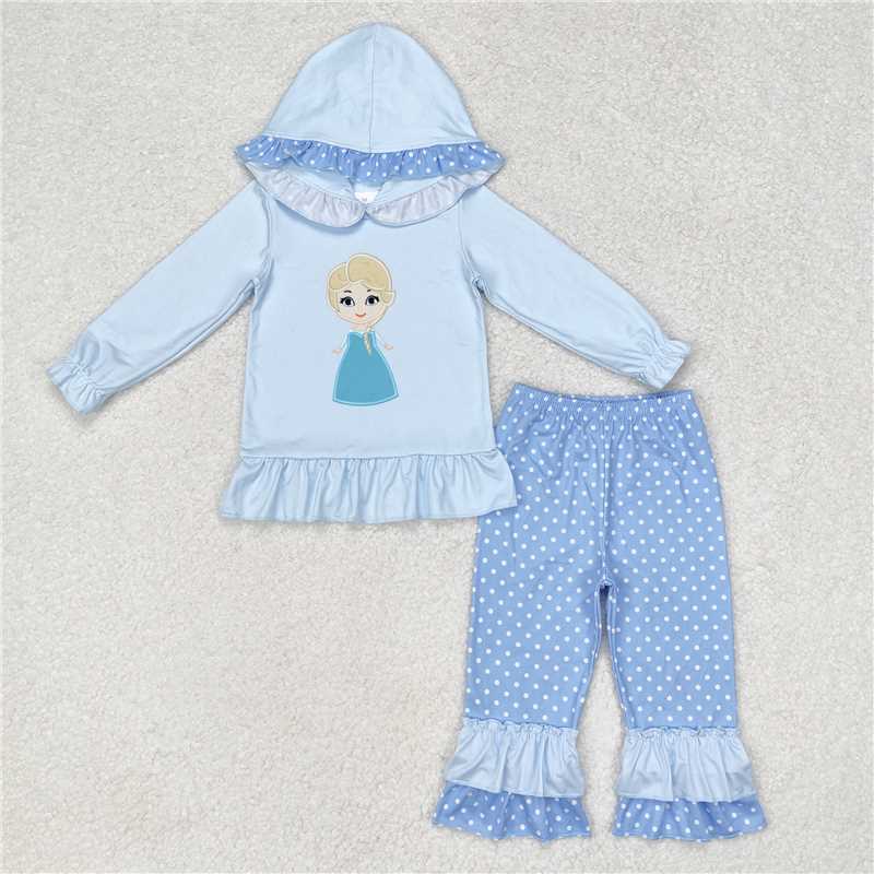 GLP1289 Baby Girls Princess Blue Hooded Top Ruffles Pants Clothes Sets