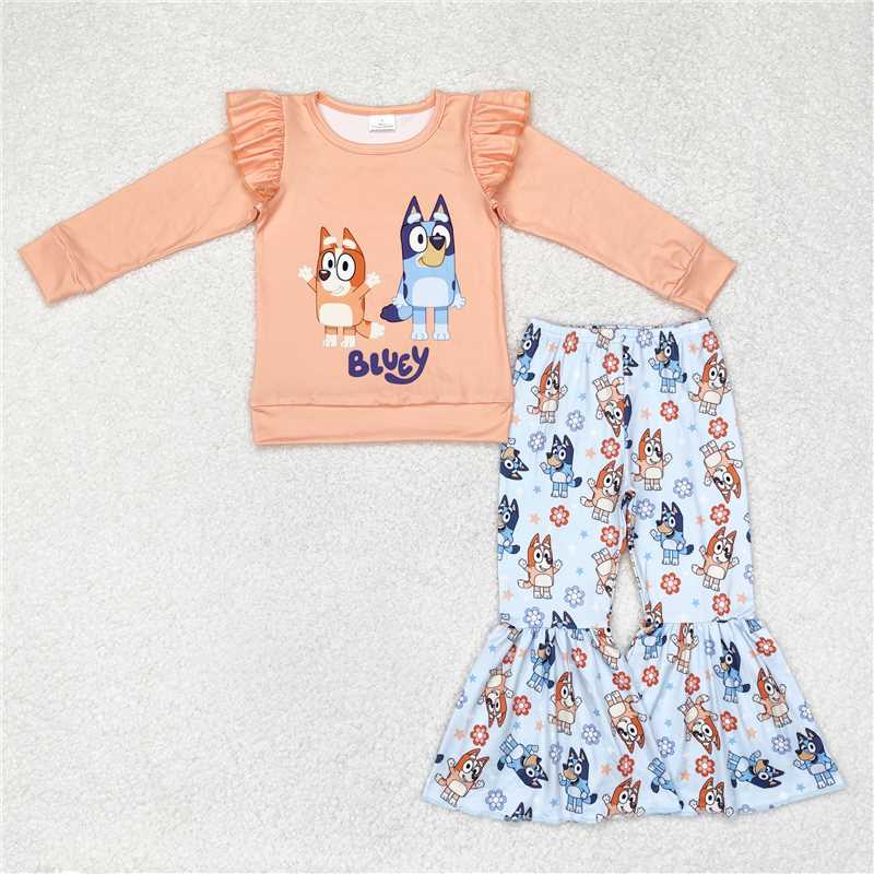 GLP1363Long sleeves top dog floral bell bottom pants girls clothes