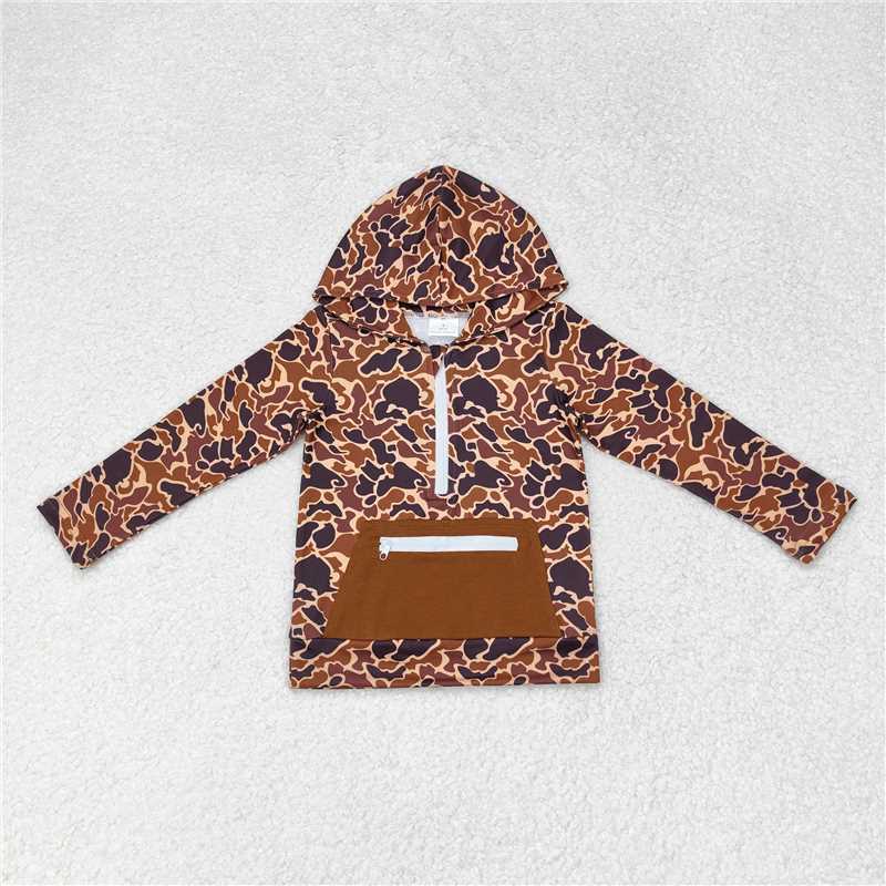 BT0746 Brown camouflage zipper pocket hooded long-sleeved top