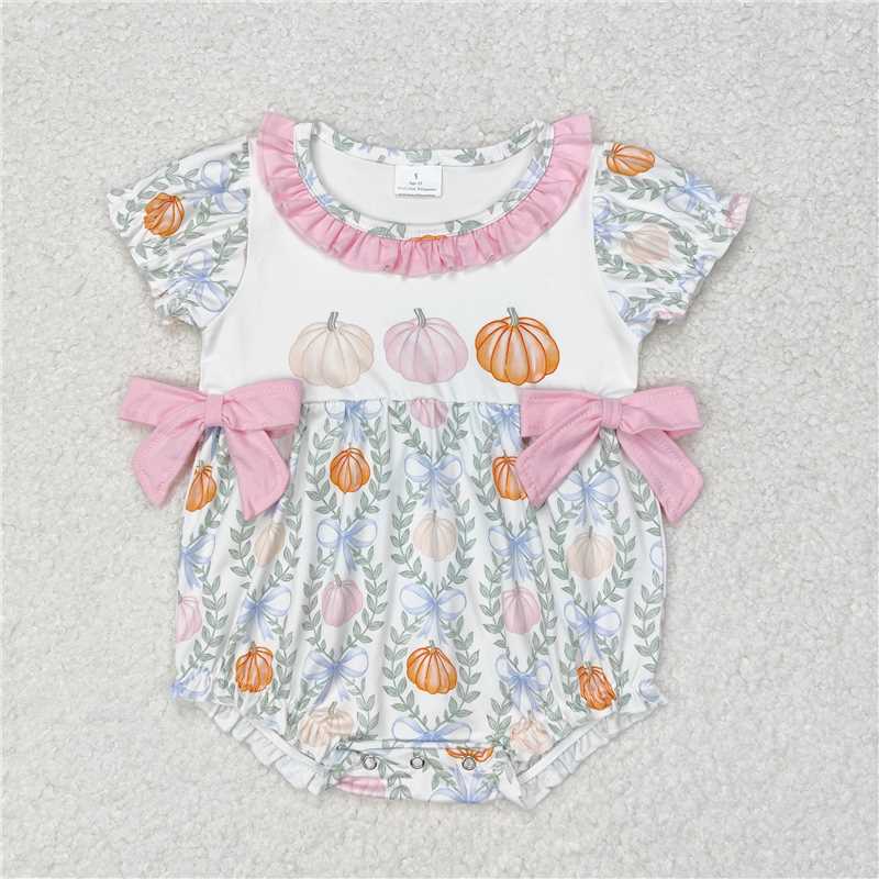11.13 RTS NO MOQ (In stock)Matching SR1865 Baby Infant Toddler Girls Bows Pumpkin Leaves Short Sleeve Rompers
