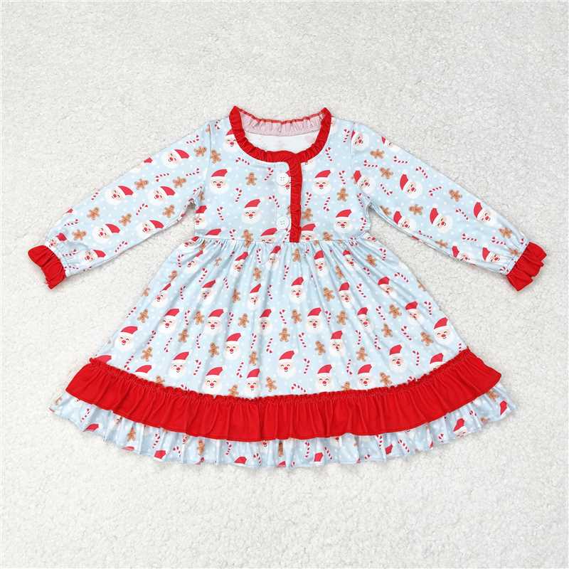 11.22 RTS NO MOQ (In stock)GLD0556 Baby Girls Christmas Santa Candy Cane Ruffle Knee Length Dresses