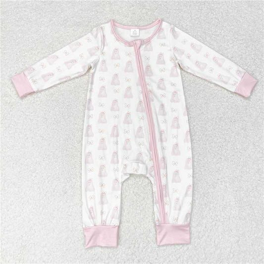 LR1124Pink long sleeves dog baby girls bamboo zipper romper