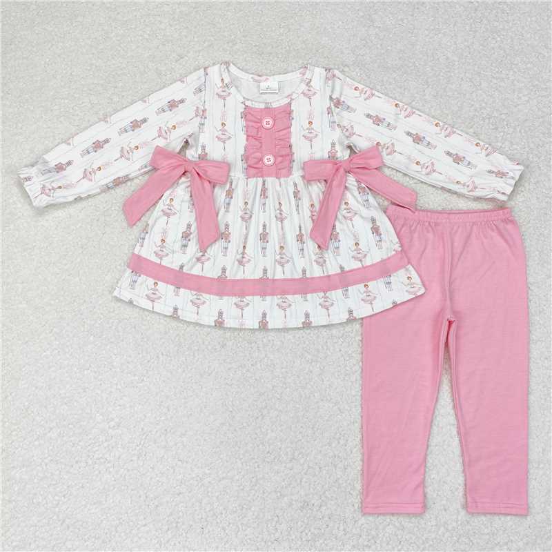 GLP1283RTS NO MOQ Baby Girls Winter Outfits Christmas Nutcracker Pink Bow Long Sleeve Pants Set