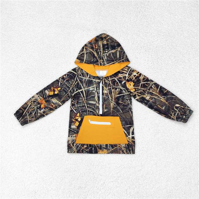 BT0755 Leaf camouflage zipper orange pocket hooded long sleeve