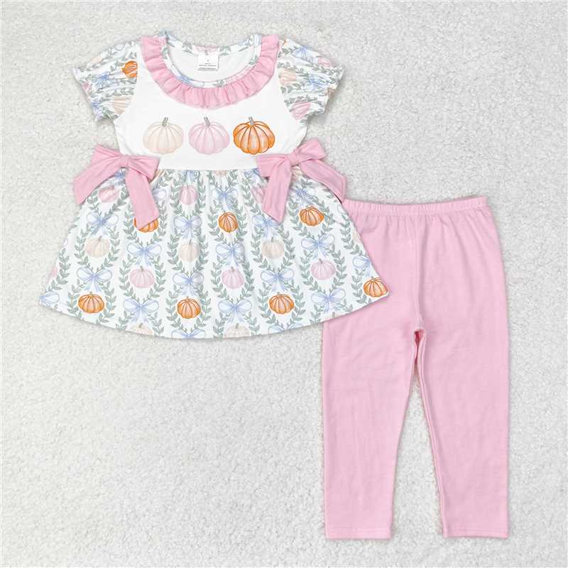 11.13 RTS NO MOQ (In stock)Matching GSPO1601 Baby Girls Pumpkin Bows Leaves Tunic Legging Clothes Sets