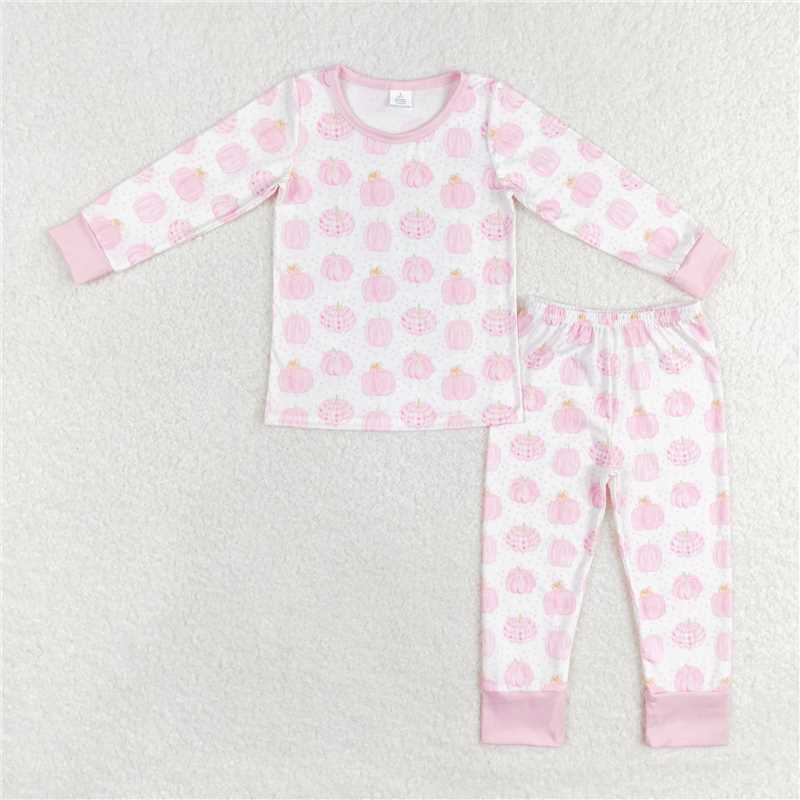 RTS NO MOQ (In stock) GLP1188 Baby Girls Winter Outfits Pink pumpkin long sleeves girls fall pajamas