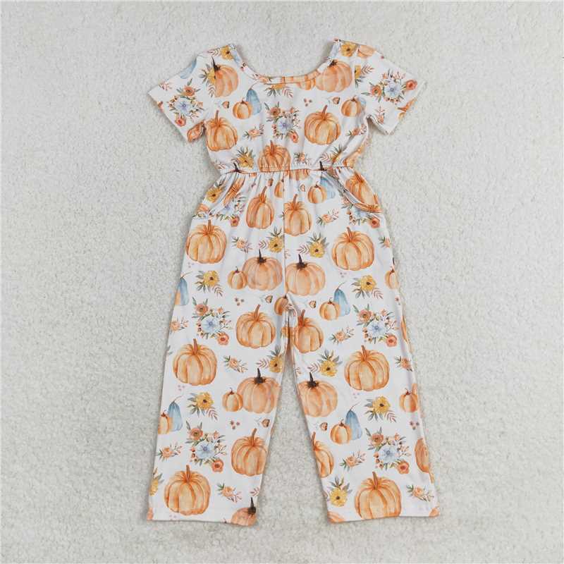 SR1880 Baby Girls Fall Pumpkin Flowers Short Sleeve Pants Jumpsuits