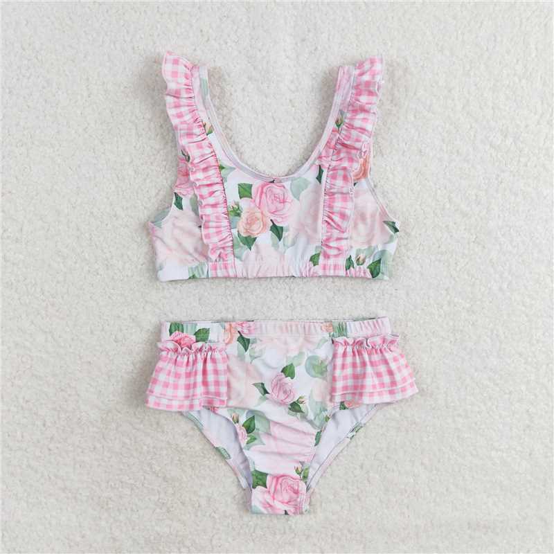 S0318 Baby Girls Summer Pink Flowers Top Ruffle Bottom Swimsuits
