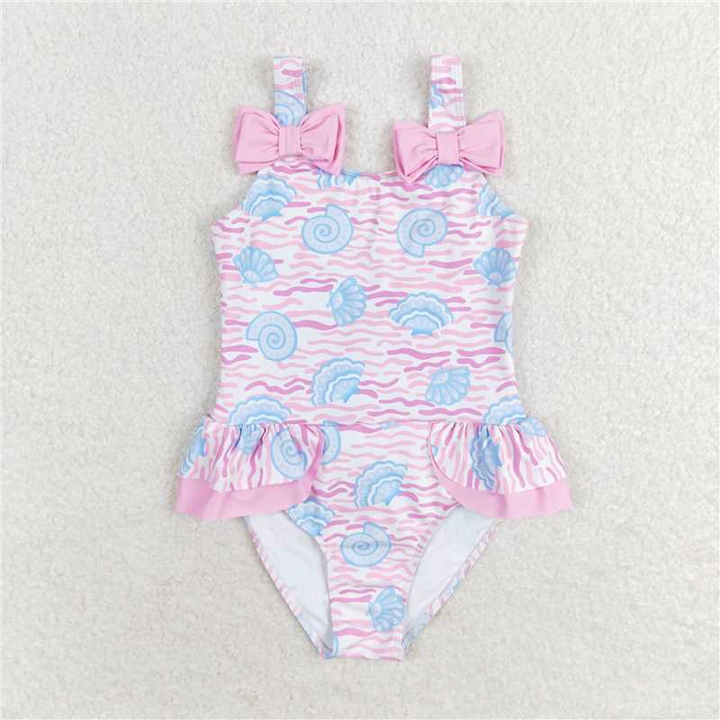 S0274 Baby Girls Pink Sea Shell Ruffle One Piece Bows Swimsuits