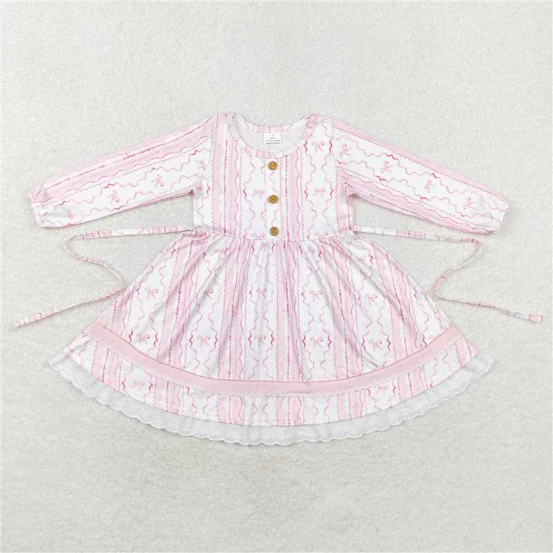 GLD0546 Baby Girls Pink Bows Long Sleeve Knee Length Dresses