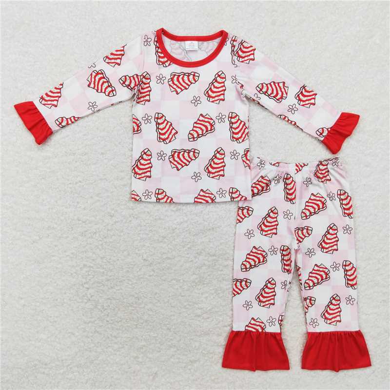 12.10 RTS NO MOQ (In stock)GLP1397 Baby Girls Christmas Cake Checkered Top Pants Bamboo Pajamas Clothes Sets