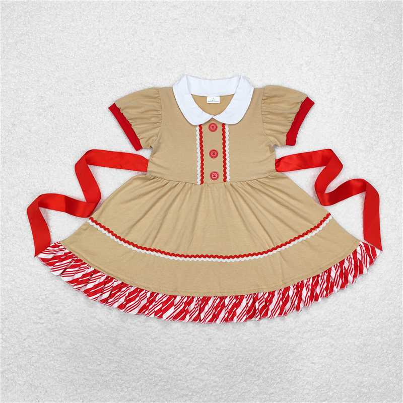 11.15 RTS NO MOQ (In stock)GSD1389 Baby Girls Christmas Gingerbread Bow Knee Length Dresses