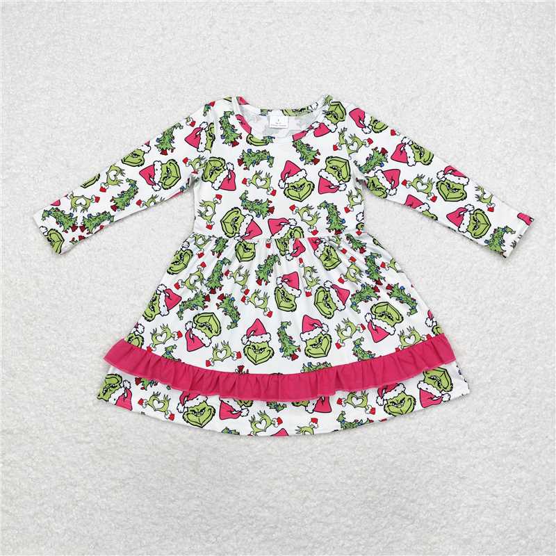 11.22 RTS NO MOQ (In stock)GLD0651 Baby Girls Christmas Green Face Hearts Knee Length Dresses