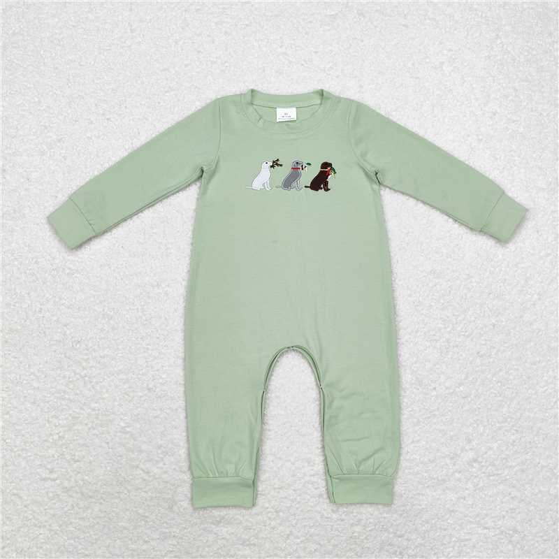 RTS LR1496 Embroidered hunting puppy green long-sleeved jumpsuit