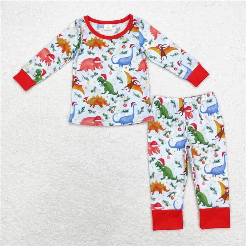 BLP0664Long sleeves dinosaur Christmas hat boys bamboo pajamas