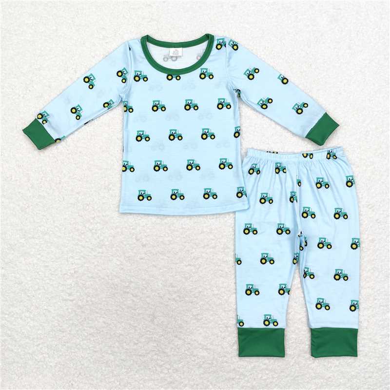 BLP0607Green long sleeves tractor kids boys farm pajamas