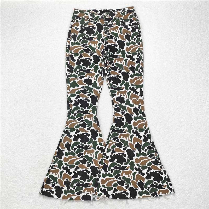 P0583 Adult Women Brown Camo Denim Bell Pants Jeans