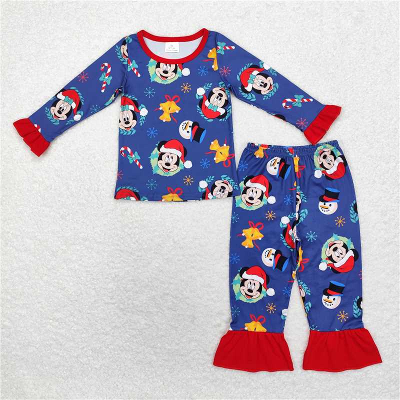 12.8 RTS NO MOQ (In stock)GLP1537 Baby Girls Christmas Cartoon Mouse Top Pants Pajamas Clothes Sets