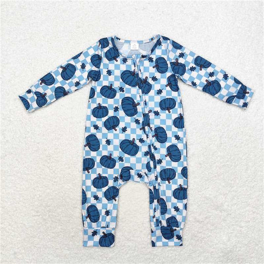 RTS LR1457 Modal Blue Pumpkin Leaf Plaid Zipper Long Sleeve Bodysuit