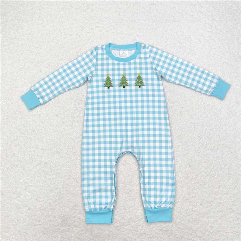 RTS LR1366 Embroidered star Christmas tree blue plaid long-sleeved jumpsuit