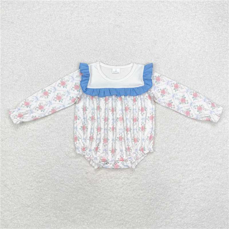 LR1412Light blue ruffle long sleeves floral baby girls romper