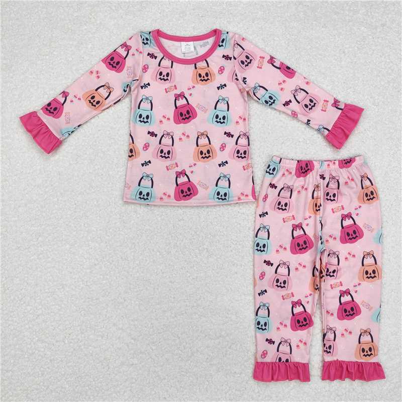 GLP1653Pink pumpkin basket candy kids girls Halloween pajamas