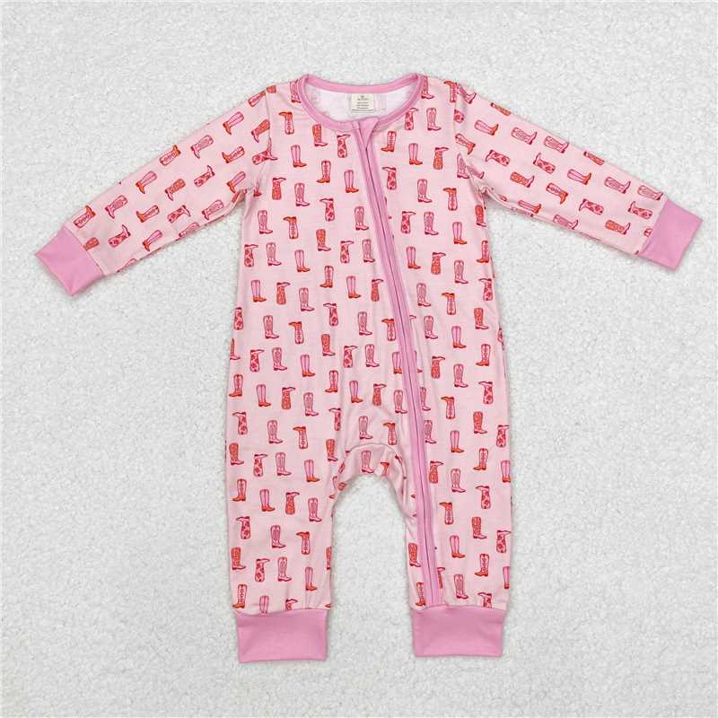 LR1843Pink boots baby girls western zipper romper
