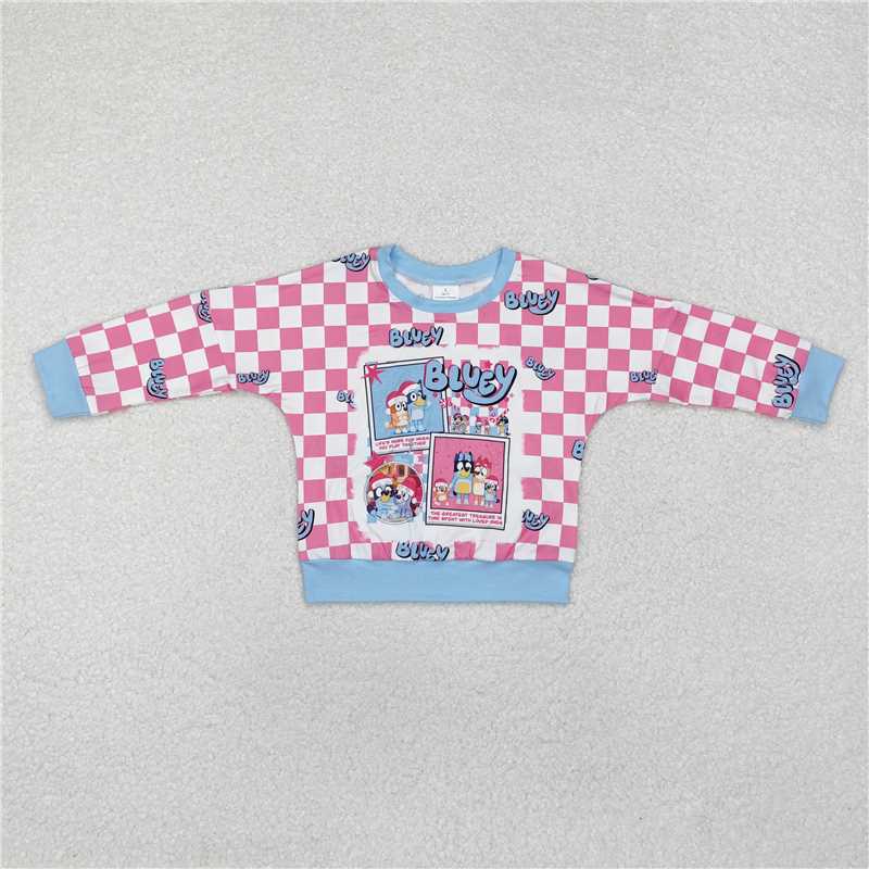 GT0732 Baby Girls Christmas Blue Checkered Dog Long Sleeve Tee Shirts Tops